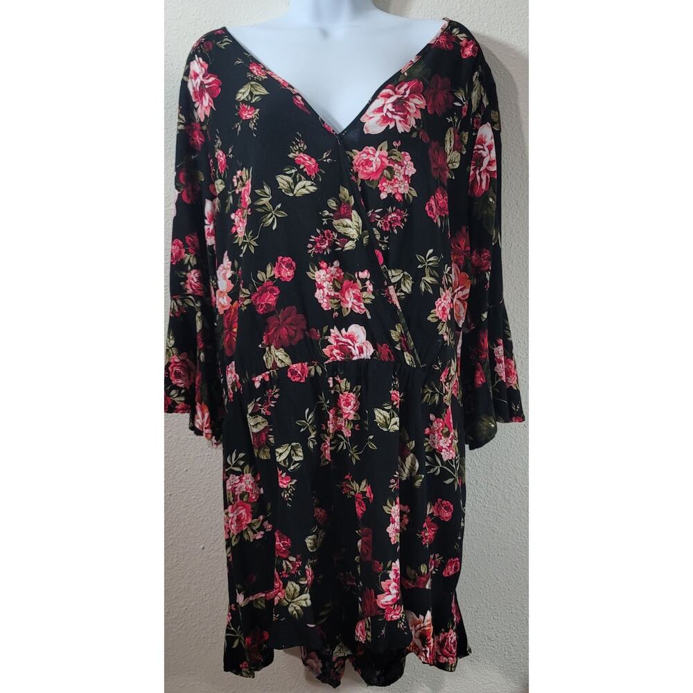 Ambiance Black Pink Red Flora Print Romper 3X Plus Ruffle Bell Sleeves Soft - Picture 1 of 6